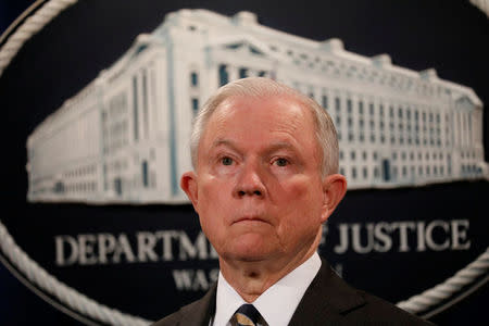 FILE PHOTO: U.S. Attorney General Jeff Sessions looks during a news conference announcing the outcome of the national health care fraud takedown at the Justice Department in Washington, U.S., July 13, 2017. REUTERS/Aaron P. Bernstein/File Photo