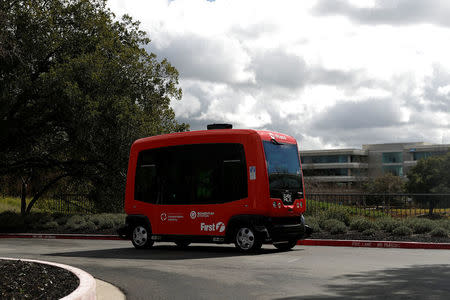 An EasyMile EZ10 shared autonomous vehicle carries passengers on a road at the Bishop Ranch business park during a deployment demonstration in San Ramon, California March 6, 2017. REUTERS/Stephen Lam