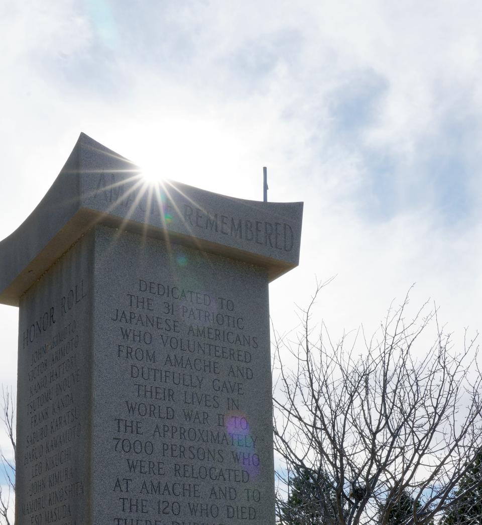 A granite memorial to the fallen members of Amache who were killed fighting in WWII, at a cemetery on the site in Grenada, Colorado, where about 7,500 Japanese Americans, most of them U.S. citizens, were forcibly detained without due process during the war.