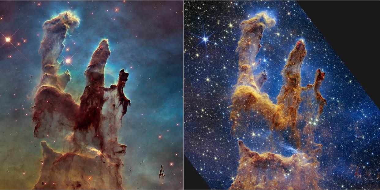 NASA's Hubble Space Telescope made the Pillars of Creation famous with its first image in 1995, but revisited the scene in 2014 to reveal a sharper, wider view in visible light, shown above at left. A new, near-infrared-light view from NASA’s James Webb Space Telescope, at right, helps us peer through more of the dust in this star-forming region. The thick, dusty brown pillars are no longer as opaque and many more red stars that are still forming come into view.
