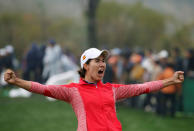 Golf - LPGA KEB Hana Bank Championship - Play-off Round - Incheon, South Korea - 16/10/16. Carlota Ciganda of Spain celebrates on the eighteenth green after winning. REUTERS/Kim Hong-Ji