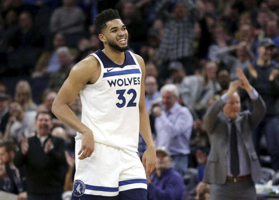 Karl-Anthony Towns gave Wolves fans plenty of reasons to smile on Wednesday night. Fifty-six of them, if you’re keeping score. (AP)