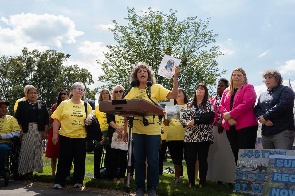 Tina Cordova with the Tularosa Basin Downwinders Consortium speaks during a press conference about reparations for New Mexicans impacted by the Trinity Site, Sept. 20, 2023 at the U.S. Senate.