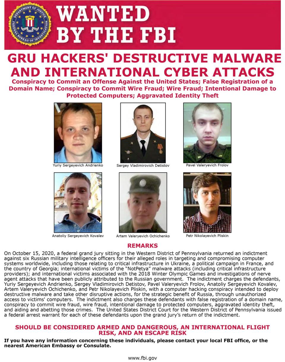 Wanted By the FBI poster for six Russians a federal grand jury indicted Oct. 15, 2020, in connection with a computer hacking conspiracy.