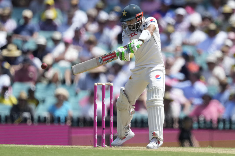 Pakistan's Mohammad Rizwan bats against Australia during their cricket test match in Sydney, Wednesday, Jan. 3, 2024. (AP Photo/Rick Rycroft)