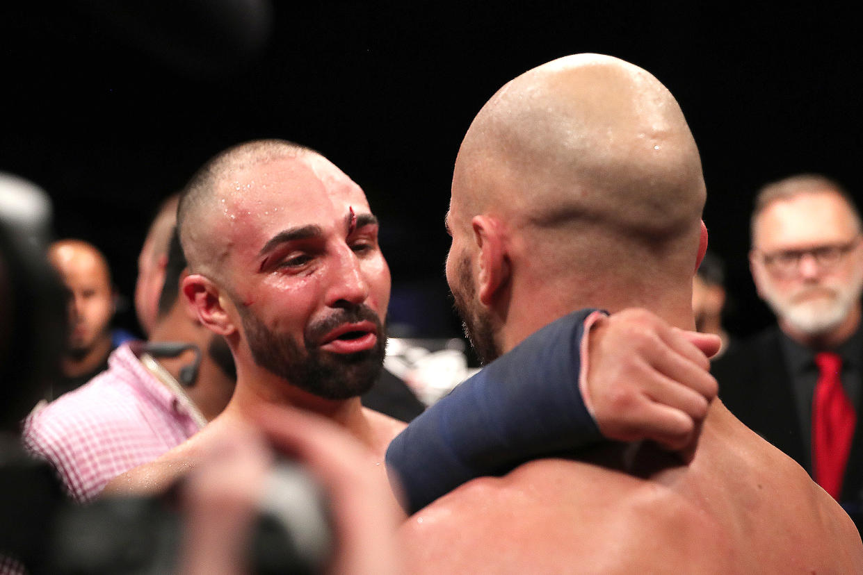 TAMPA, FL - JUNE 22: Paulie Malignanni (L) and Artem Lobov exchange pleasantries after the Bare Knuckle Fighting Championships at Florida State Fairgrounds Entertainment Hall on June 22, 2019 in Tampa, Florida. (Photo by Alex Menendez/Getty Images)