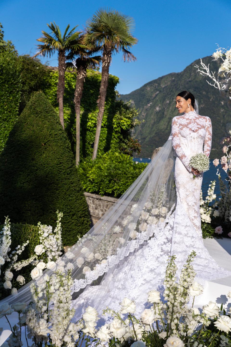 Giorgia Gabriele Wore a Custom Off-White Wedding Dress With a 26-Foot Train to Her Ceremony on Lake Como