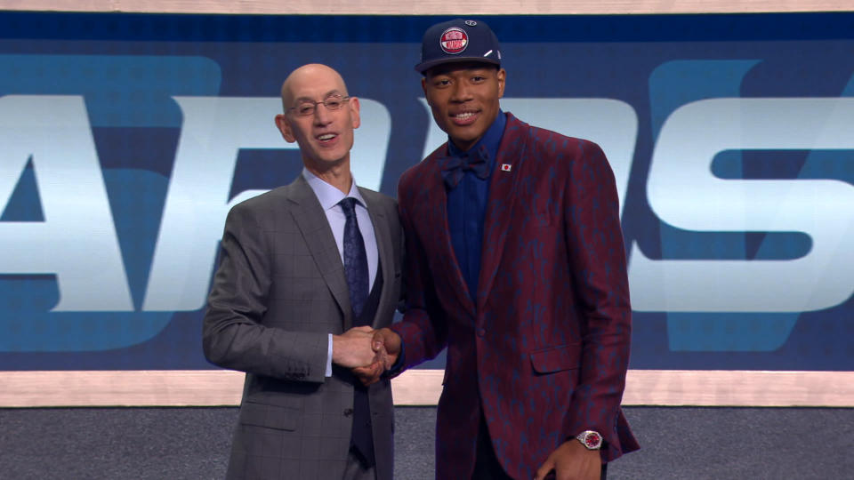 Rui Hachimura shakes NBA commissioner Adam Silver's hand after being selected as the ninth pick of the 2019 NBA draft by the Washington Wizards (CREDIT: NBA).