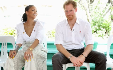 Rihanna and Prince Harry speak on stage at the 'Man Aware' event held by the Barbados National HIV/AIDS Commission in 2016 - Credit:  Chris Jackson/Getty