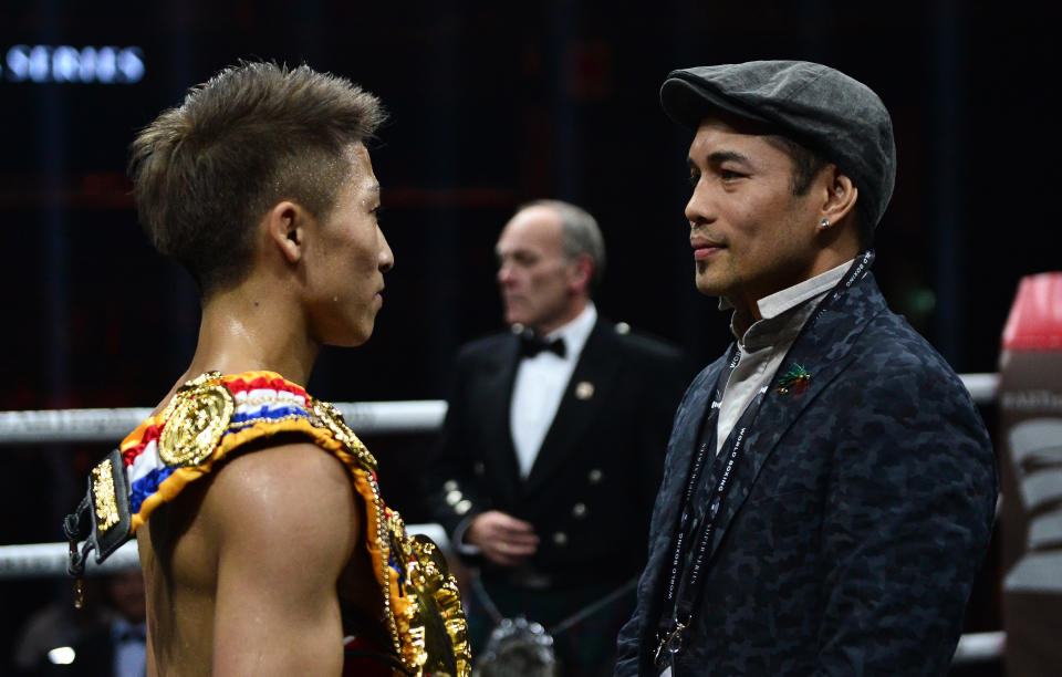 GLASGOW, SCOTLAND - MAY 18: Naoya Inoue of Japan (R), is congratulated by his opponent for the final of the series Nonito Gonzales Donaire of Philippines after beating Emmanuel Rodriguez of Puerto Rico during the WBSS Bantamweight Semi Final IBF World Championship fight at the  Muhammad Ali Trophy Semi-Finals - World Boxing Super Series Fight Night at The SSE Hydro on May 18, 2019 in Glasgow, Scotland. (Photo by Mark Runnacles/Getty Images)