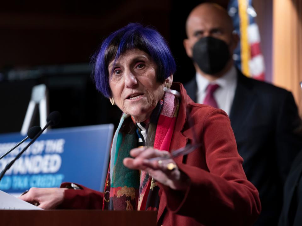 Rep. Rosa DeLauro, D-Conn., the House Appropriations Committee chair, and Sen. Cory Booker, D-N.J., right, speak about the tax credit during a news conference at the U.S. Capitol on Tuesday.