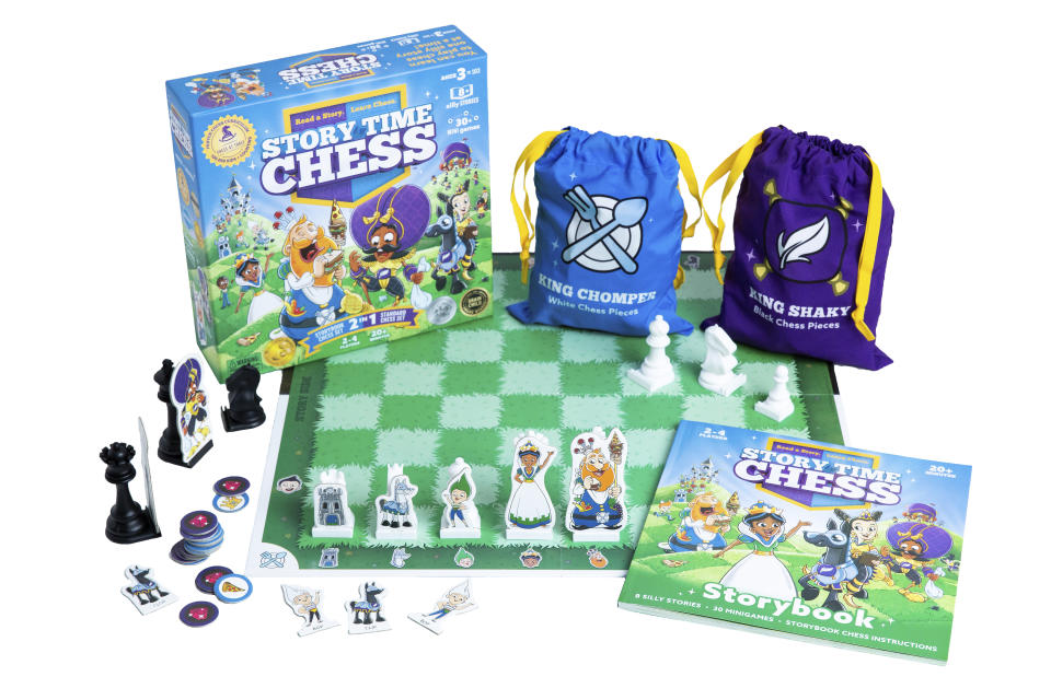 This image provided by Story time Learning shows a chess set with . Story Time Chess' co-founder Jon Sieber says, "Our three-year-old chess students needed a why: Why does the king move one square at a time? To give them some scaffolding, we created simple stories with fun, silly, relatable characters." (Story time Learning via AP)