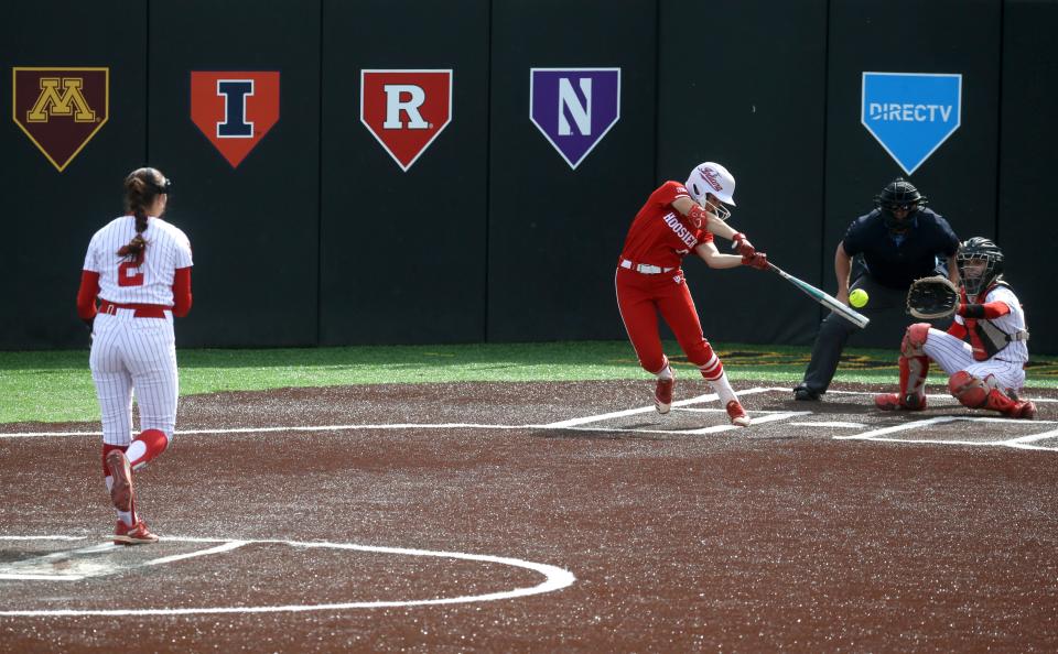 Indiana’s Aly VanBrandt (5) swings at a pitch in the Big Ten softball tournament Friday, May 10, 2024 in Iowa City, Iowa.