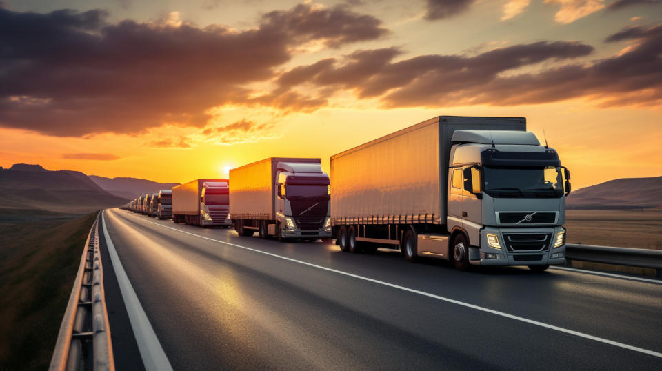 A long line of cargo trucks driving on a highway, illustrating the transportation services provided by the company.