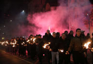 Members and supporters of several nationalist organizations take part in a march in commemoration of late General Hristo Lukov, a Bulgarian army commander, in Sofia, Bulgaria, February 16, 2019. REUTERS/Stoyan Nenov