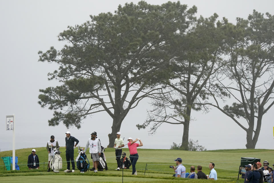 Jordan Spieth plays his shot from the second tee during the second round of the U.S. Open Golf Championship, Friday, June 18, 2021, at Torrey Pines Golf Course in San Diego. (AP Photo/Marcio Jose Sanchez)