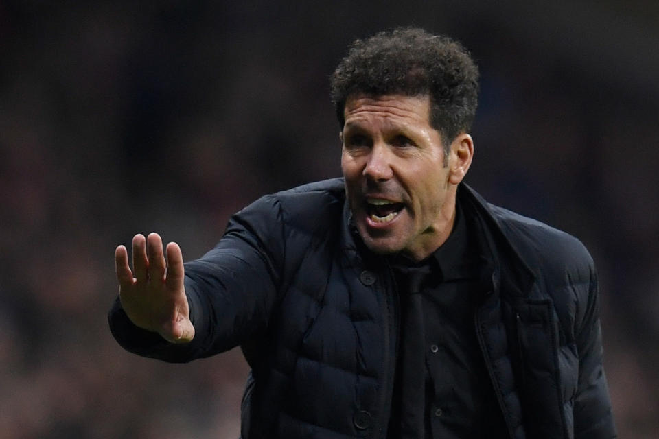 Atletico Madrid's Argentinian coach Diego Simeone gestures on the sideline during the Spanish league football match between Club Atletico de Madrid and Granada FC at the Wanda Metropolitano stadium in Madrid on February 8, 2020. (Photo by OSCAR DEL POZO / AFP) (Photo by OSCAR DEL POZO/AFP via Getty Images)