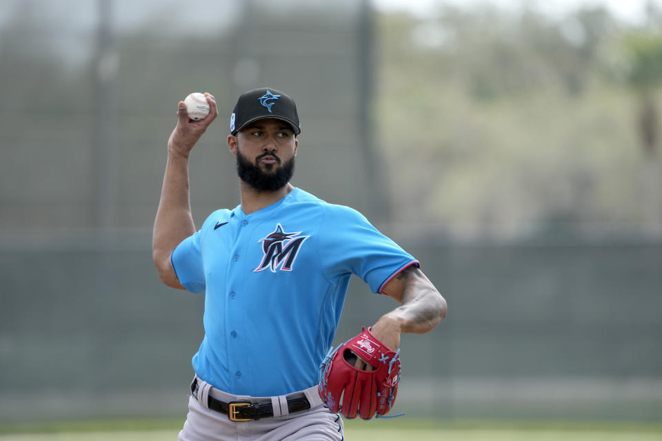 Miami Marlins pitcher Sandy Alcantara throws live batting practice during spring training baseball practice Sunday, Feb. 19, 2023, in Jupiter, Fla. (AP Photo/Jeff Roberson)