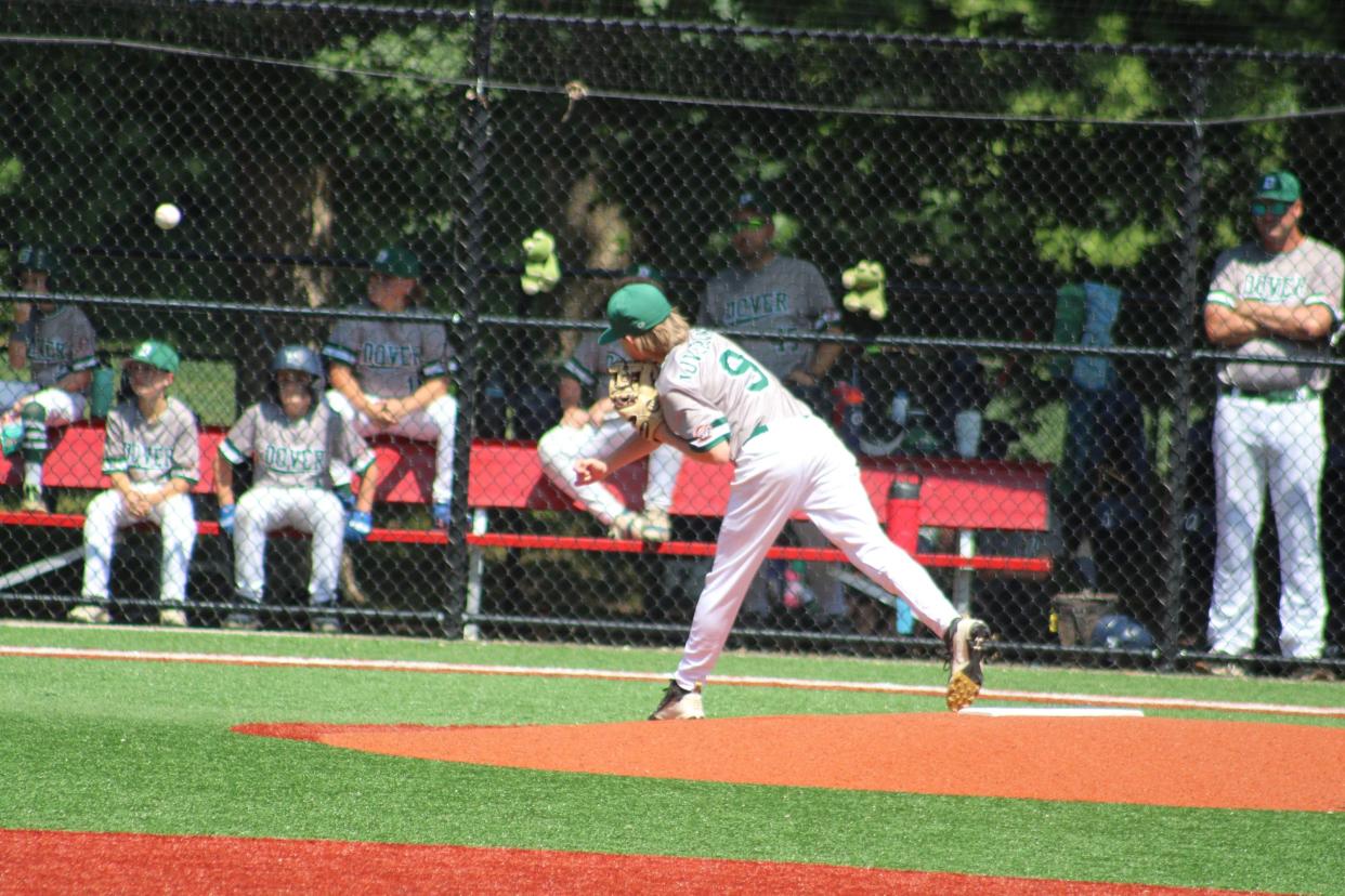 Dover 11U Cal Ripken pitcher Owen Lovering delivers during a 6-5 loss to West Hartford, Connecticut, in the New England regional tournament Tuesday, July 19, 2022 in New Canaan, Connecticut.