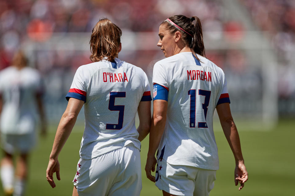 SANTA CLARA, CA - MAY 12: United States defender Kelley O'Hara (5) and United States forward Alex Morgan (13) chat in game action during an International friendly match between the United States and South Africa on May 12, 2019 at Levi's Stadium in Santa Clara, CA. (Photo by Robin Alam/Icon Sportswire via Getty Images)