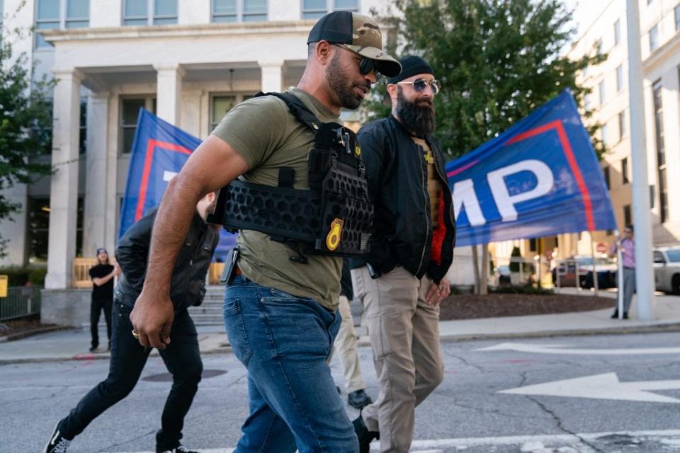 Enrique Tarrio, leader of the Proud Boys, a far-right group, is seen at a “Stop the Steal” rally against the results of the U.S. Presidential election outside the Georgia State Capitol on November 18, 2020 in Atlanta, Georgia. (Photo by Elijah Nouvelage/Getty Images)