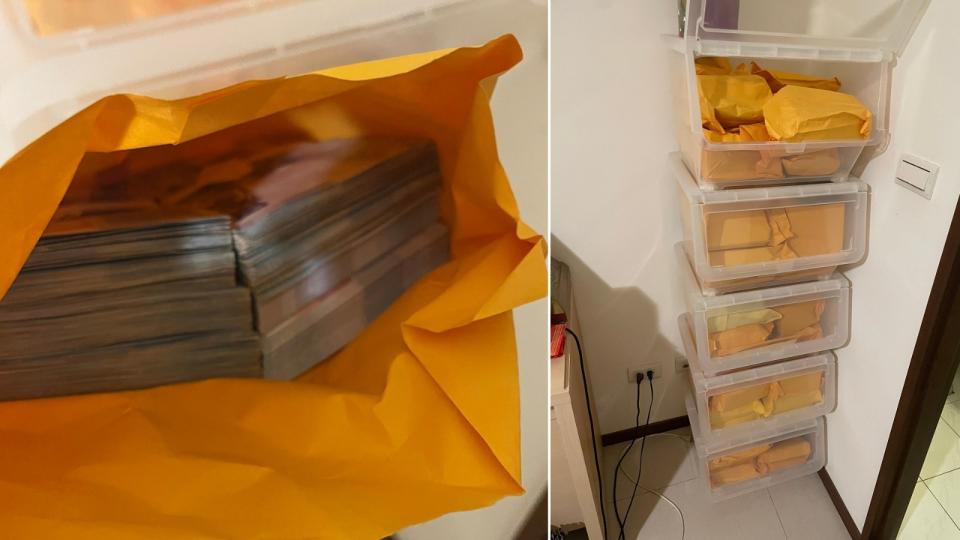 警方登門搜索時，在王晨桓住處的塑膠收納箱搜出大筆現金。讀者提供