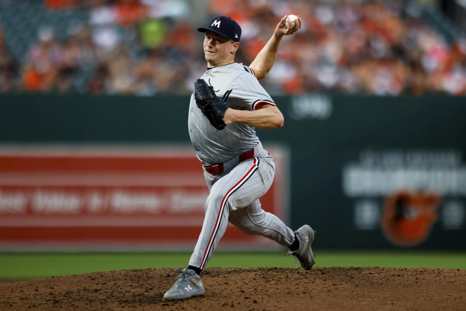 Minnesota Twins' starting pitcher Louie Varland throws during the second inning of a baseball game against the Baltimore Orioles, Monday, April 15, 2024, in Baltimore. (AP Photo/Julia Nikhinson)