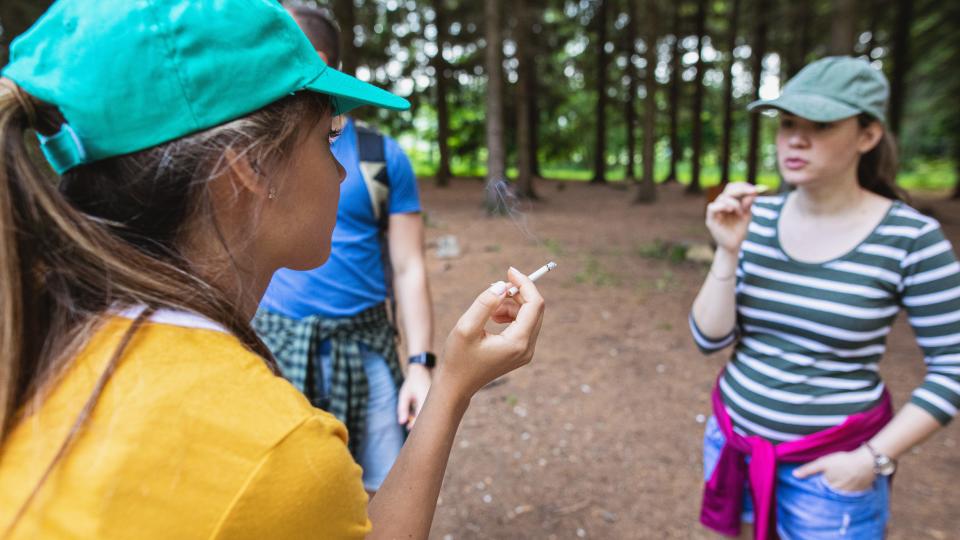 Hiking group taking a break in a mountain forest