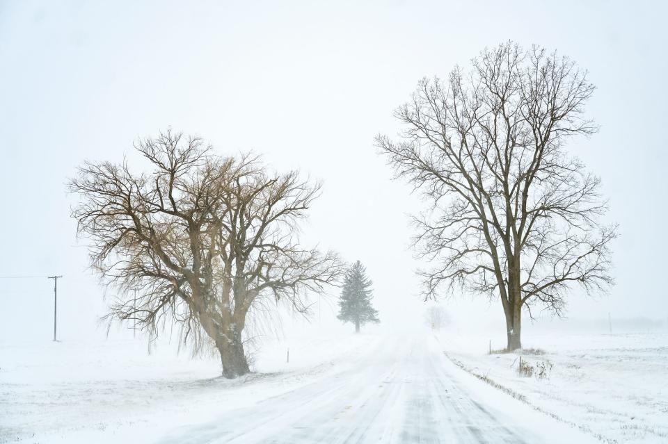 A snow scene on State Road near the DeWitt Road intersection on Friday, Dec. 23, 2022, in Lansing.