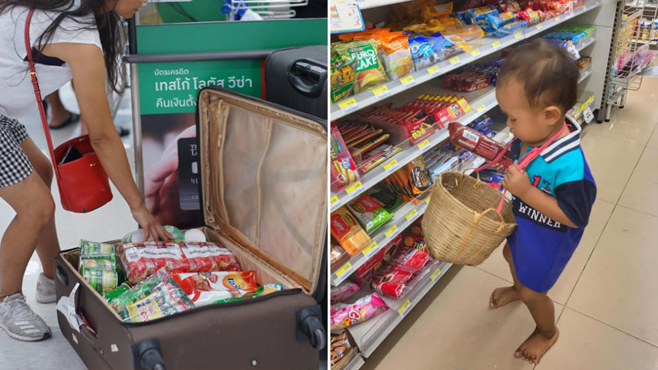 People using suitcases and baskets to carry groceries instead of plastic bags in Thailand. 