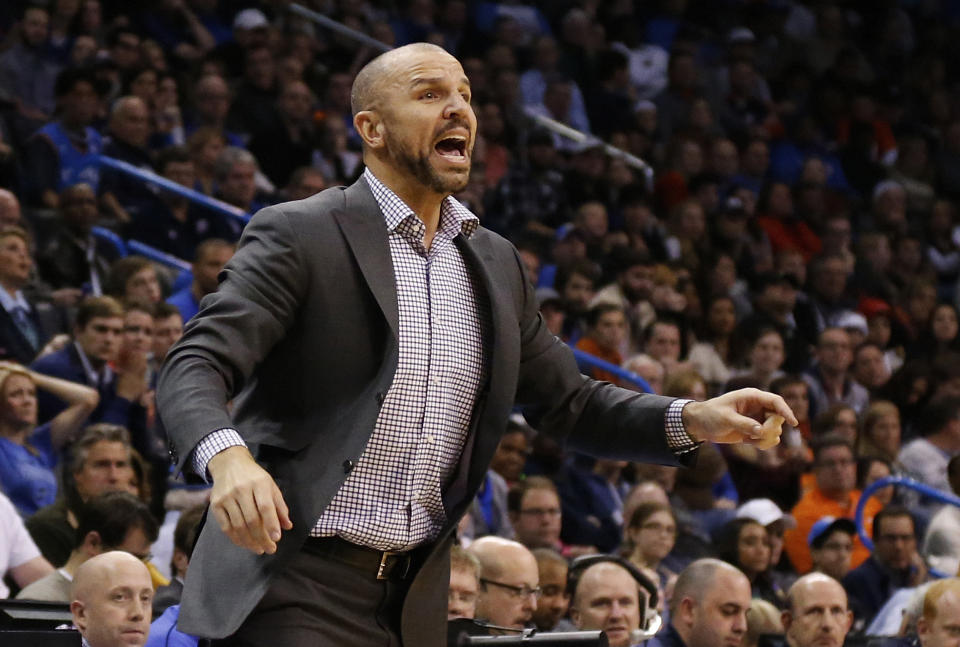 Brooklyn Nets head coach Jason Kidd shouts to his team in the fourth quarter of an NBA basketball game against the Oklahoma City Thunder in Oklahoma City, Thursday, Jan. 2, 2014. Oklahoma City won 95-93. (AP Photo/Sue Ogrocki)