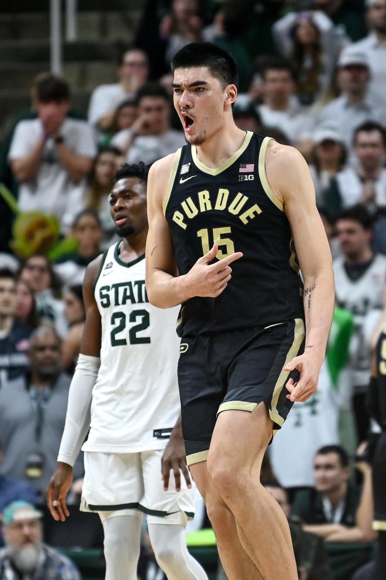 Purdue's Zach Edey celebrates after his basket gave the Boilermakers the lead over Michigan State late in the second half on Monday, Jan. 16, 2023, at the Breslin Center in East Lansing.