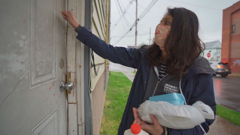 Arati Kreibich, a Democrat running for Congress in New Jersey's fifth congressional district, drops off hot meals and groceries for seniors amid the coronavirus disease (COVID-19) outbreak in Paterson