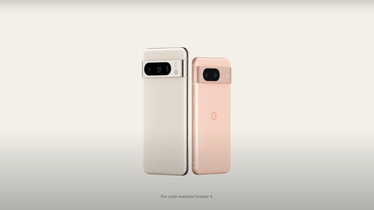  Pixel 8 in pink and Pixel 8 Pro in gold on beige background. 