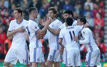 <p>Chelsea celebrate their third goal</p>