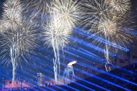 <p>Fireworks erupt as the cauldron is lit during the opening ceremony of the Pyeongchang 2018 Winter Olympic Games at the Pyeongchang Stadium on February 9, 2018. / AFP PHOTO / Roberto SCHMIDT </p>