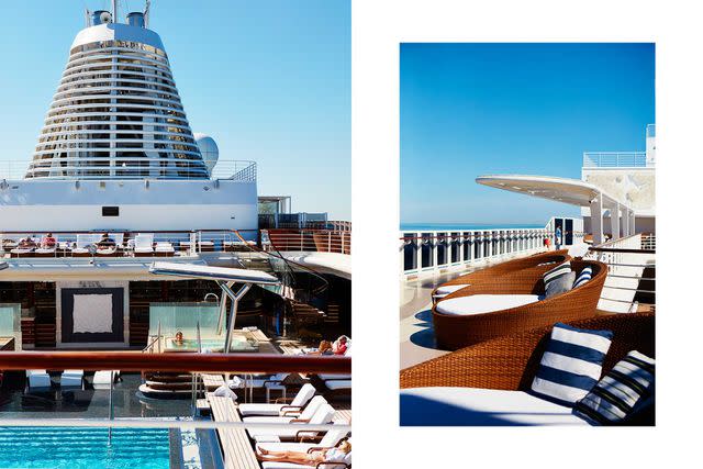 <p>Yuki Sugiura</p> From left: Taking a break by the pool on the Splendor, the newest ship from Regent Seven Seas Cruises; sun beds on the Splendor’s pool deck.