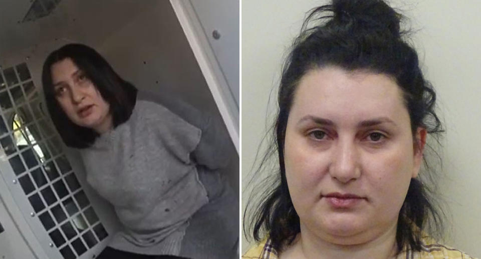 Eltiona Skana being arrested (left) and in a mug shot (right)