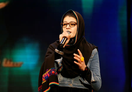 Zulala Hashimi 18, a singer finalist of the music contest 'Afghan Star', performs during rehearsals for the show in Kabul, Afghanistan March 19, 2017. REUTERS/Mohammad Ismail