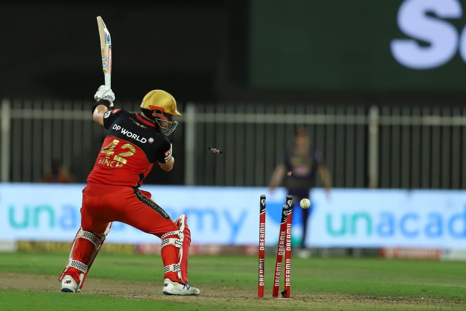 Aaron Finch bowled by Prasidh Krishna of Kolkata Knight Riders during match 28 of season 13 of the Dream 11 Indian Premier League (IPL).