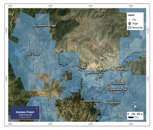 Aranzazu detailed map showing all the near mine exploration targets.