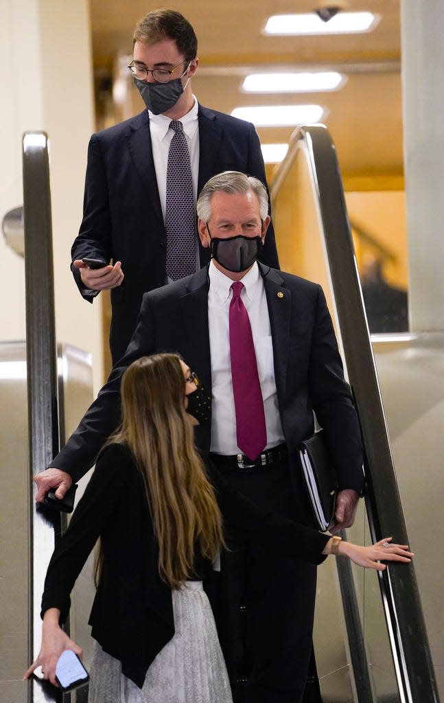 Senator Tommy Tuberville (R-AL) departs after adjournment following senators questioning as the second impeachment trial of former President Donald Trump continues at the Capitol.