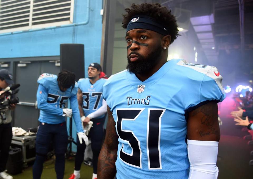 Nov 27, 2022; Nashville, Tennessee, USA; Tennessee Titans linebacker David Long Jr. (51) waits to take the field before the game against the Cincinnati Bengals at Nissan Stadium. Mandatory Credit: Christopher Hanewinckel-USA TODAY Sports Christopher Hanewinckel/Christopher Hanewinckel-USA TODAY Sports