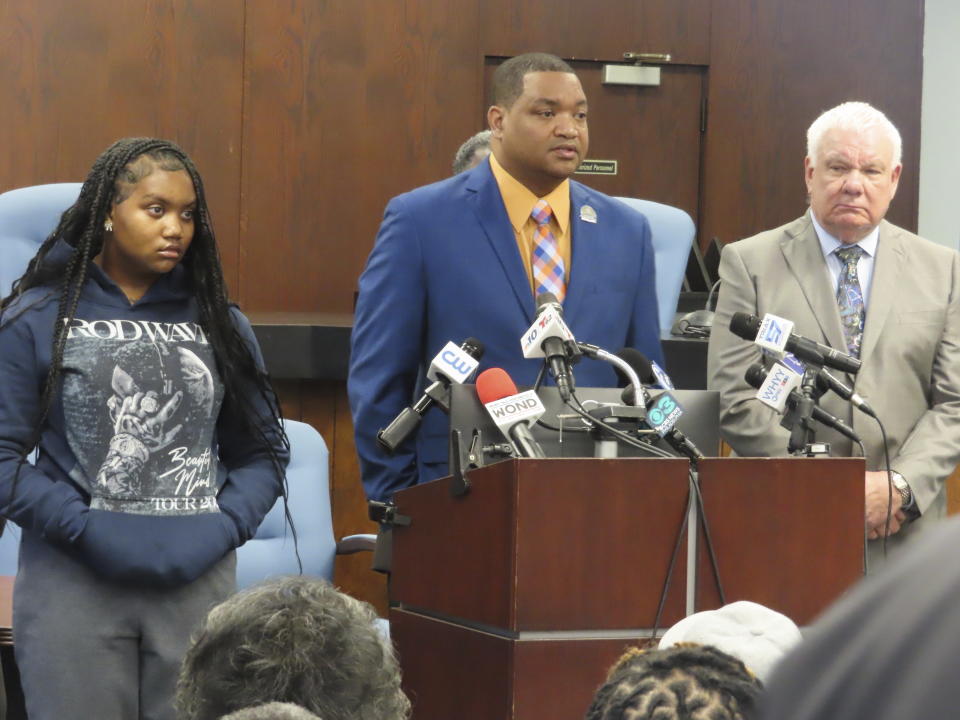 Atlantic City Mayor Marty Small, center, speaks at a news conference in Atlantic City, N.J., on April 1, 2024, flanked by his daughter Jada, left, and his attorney Edwin Jacobs. Small said search warrants executed at his home last week by the county prosecutor's office involved "a family issue" for which the Smalls are in counseling and dealing with state child welfare authorities. On April 15, 2024, Small and his wife were charged with child endangerment and assault involving their daughter. (AP Photo/Wayne Parry)
