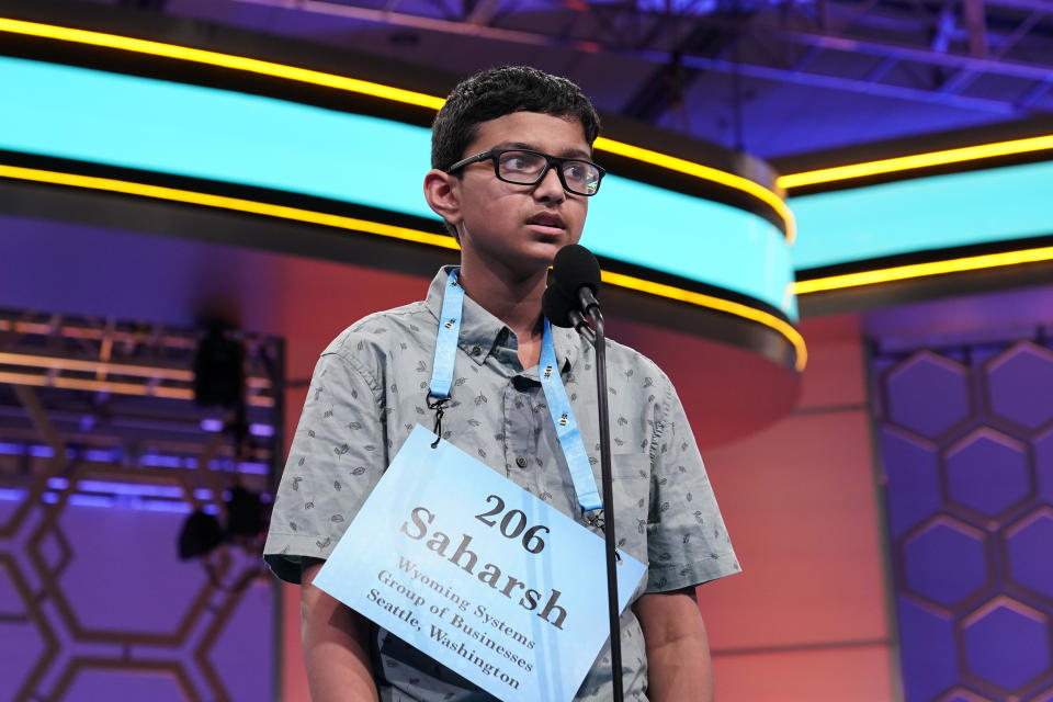 Saharsh Vuppala, 13, from Bellevue, Wash., competes during the Scripps National Spelling Bee, Wednesday, June 1, 2022, in Oxon Hill, Md. (AP Photo/Alex Brandon)