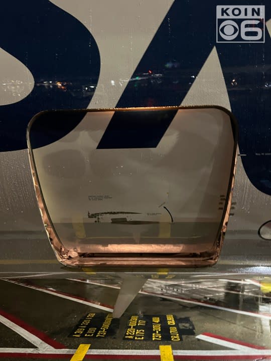 Alaska Airlines Flight 1437 cargo door ajar as it landed at PDX from Los Cabos, Mexico on March 1, 2024. Photo was exclusively obtained by KOIN 6 News.