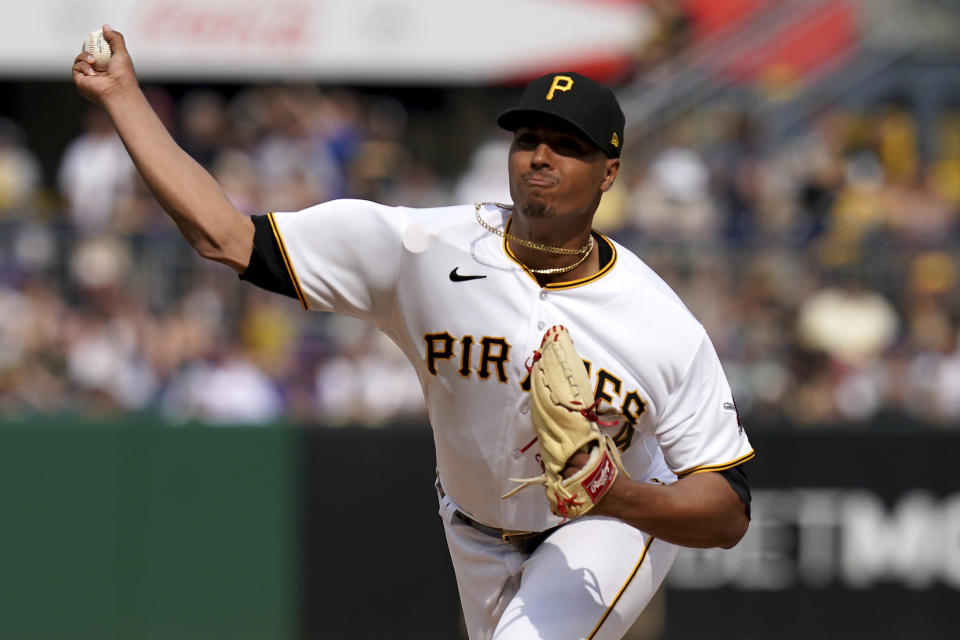 Pittsburgh Pirates starting pitcher Johan Oviedo throws against the New York Mets in the fifth inning in a baseball game in Pittsburgh, Saturday, June 10, 2023. (AP Photo/Matt Freed)