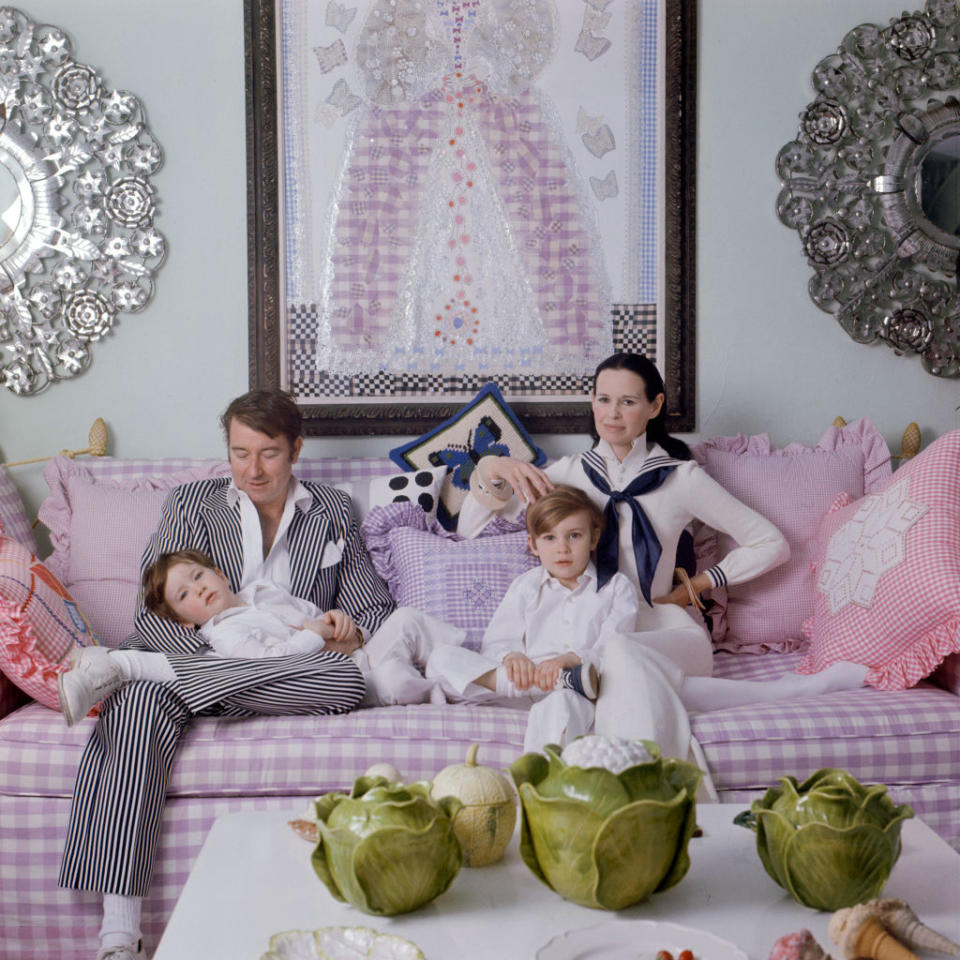 Family portrait of the Coopers as they play on a sofa in their home, Southampton, Long Island, New York, March 30, 1972. American author and actor Wyatt Emory Cooper and heiress Gloria Vanderbilt Cooper sit with their sons, Carter (1965 - 1988) and Anderson Cooper. (Photo by Jack Robinson/Hulton Archive/Getty Images)