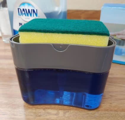 A genius soap dispenser and sponge caddy