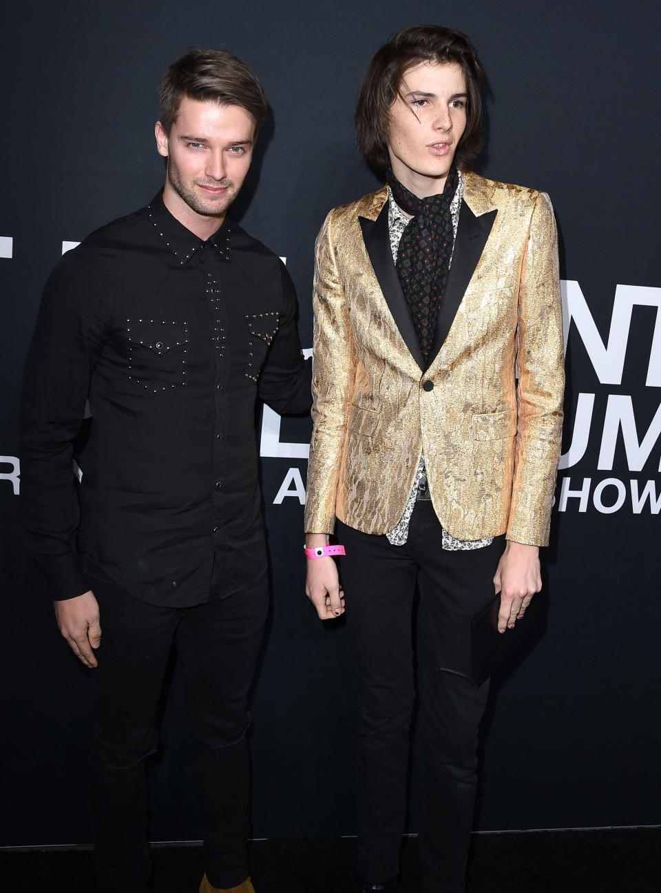 LOS ANGELES, CA - FEBRUARY 10:  Patrick Schwarzenegger and Dylan Brosnan arrives at the SAINT LAURENT At The Palladium at Hollywood Palladium on February 10, 2016 in Los Angeles, California.  (Photo by Steve Granitz/WireImage)